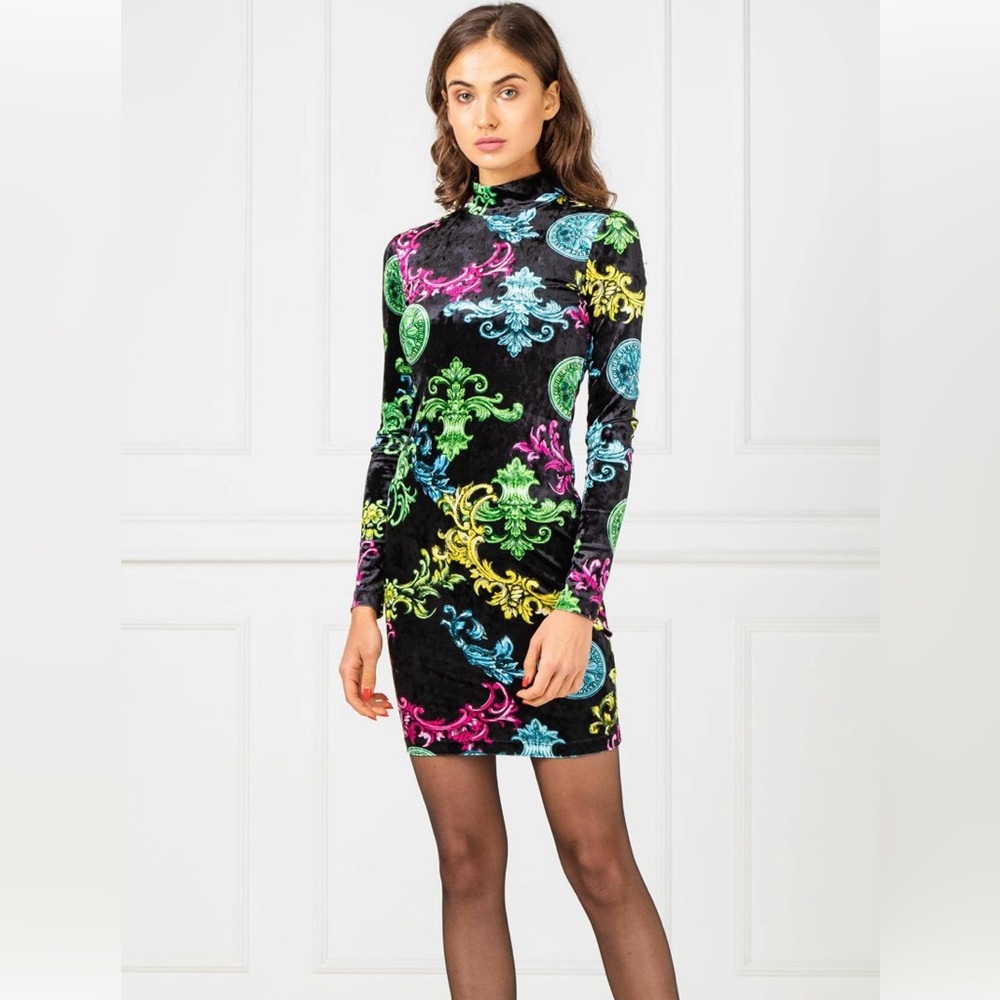 Versace black velvet cocktail dress BAROQUE PRINT MULTICOLOR Small 4 New NWT